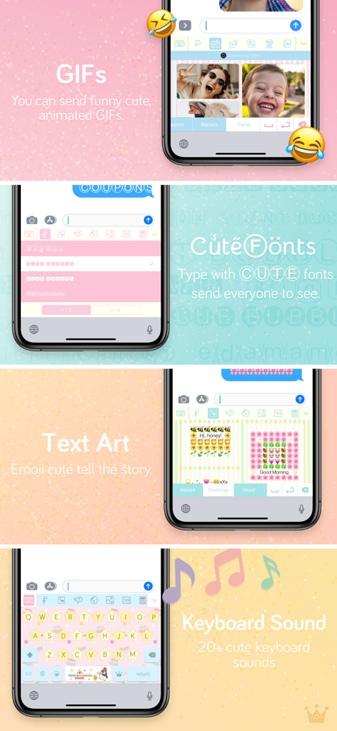 Pastel Keyboard Themes Color - Collage of Pastel Keyboard features showing cute fonts, GIFs, text art, and custom keyboard sounds