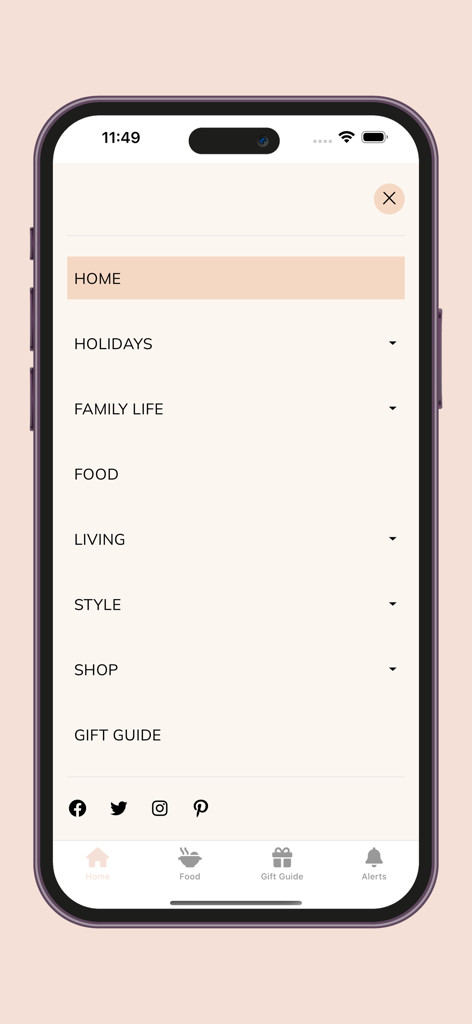 Between Carpools - The main navigation menu of the Between Carpools app showing lifestyle categories like Holidays, Family Life, and Food.