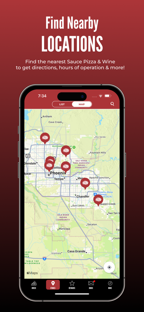 Interfaz de mapa de la aplicación Sauce Pizza and Wine que muestra múltiples ubicaciones de restaurantes en el área de Phoenix, Arizona.