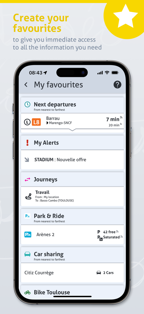 Tisséo: Metro, Tram, Bus - Capture d'écran de l'application Tisséo, écran « Mes favoris » affichant les départs des transports en commun, les alertes réseau et les options de trajet.