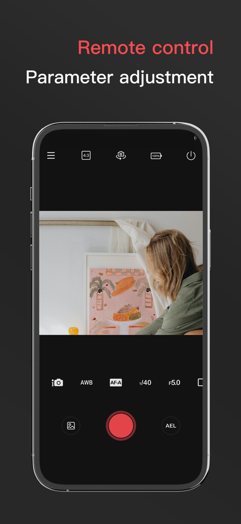 Smartphone screen showing the remote control and parameter adjustment interface of PlayMemories Mobile Connect