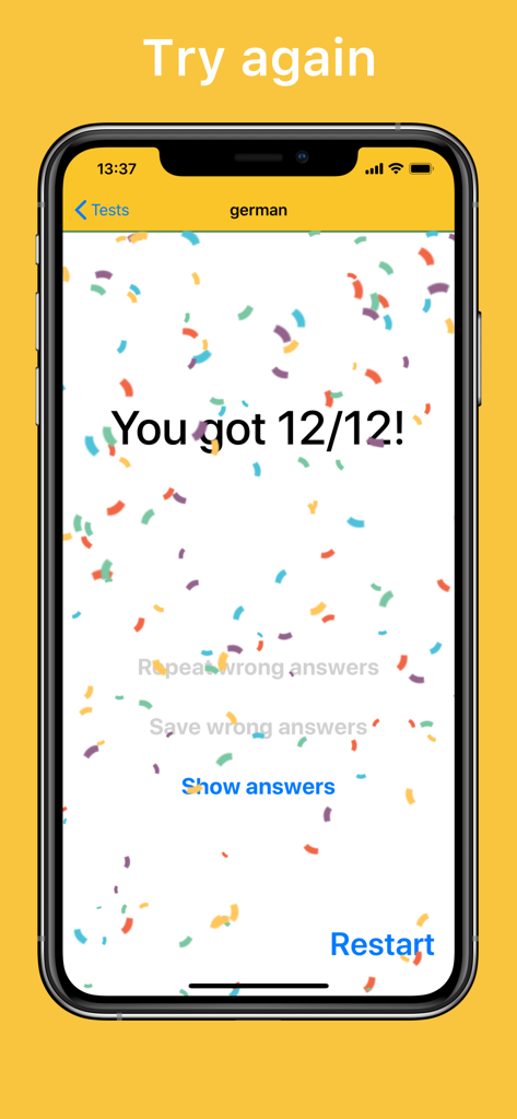 A screenshot of the Learn It app showing a perfect 12 out of 12 score on a German test with confetti animation.