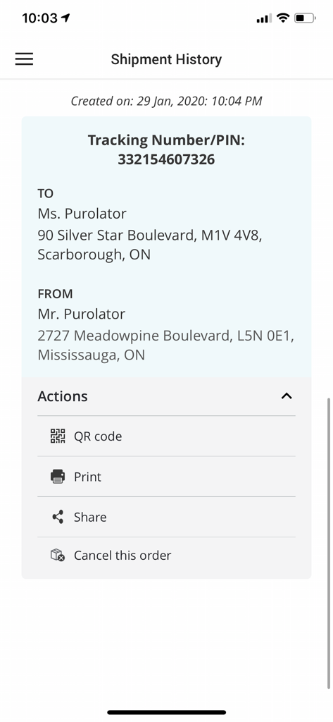 Purolator - Purolator app screen showing shipment history with tracking number, addresses, and shipping label action buttons