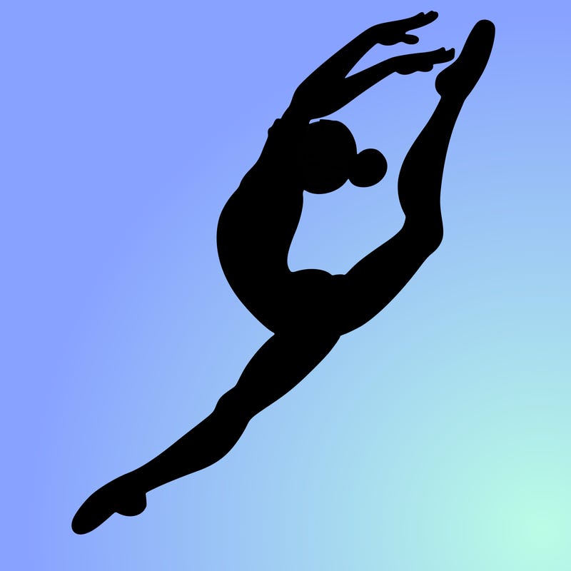 gymnast doing a leap in a leotard with a bent back leg