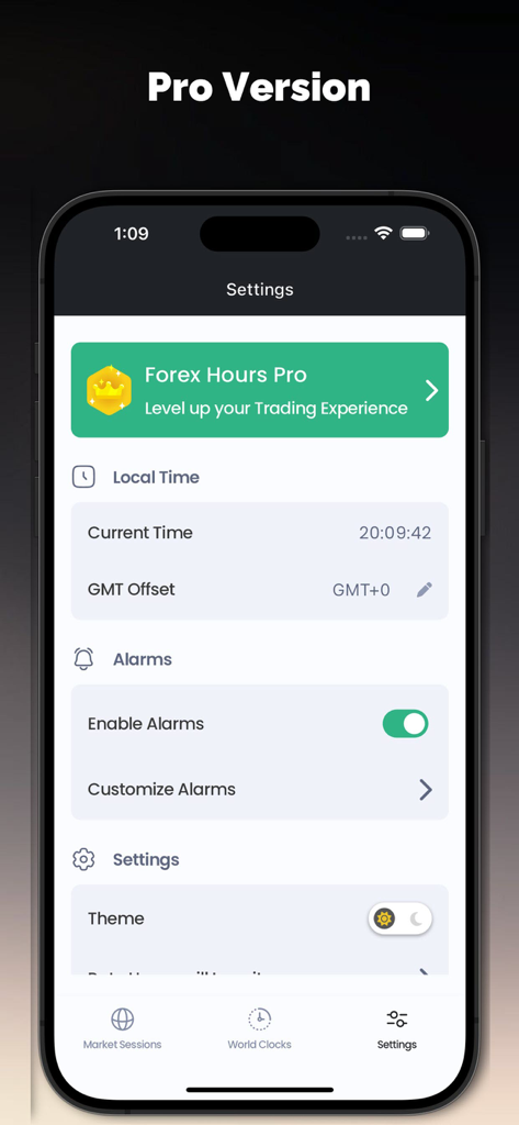 Écran des paramètres de l'application Forex Hours montrant la bannière de mise à niveau vers la version pro, les paramètres de l'heure locale et les options d'alarme de trading.