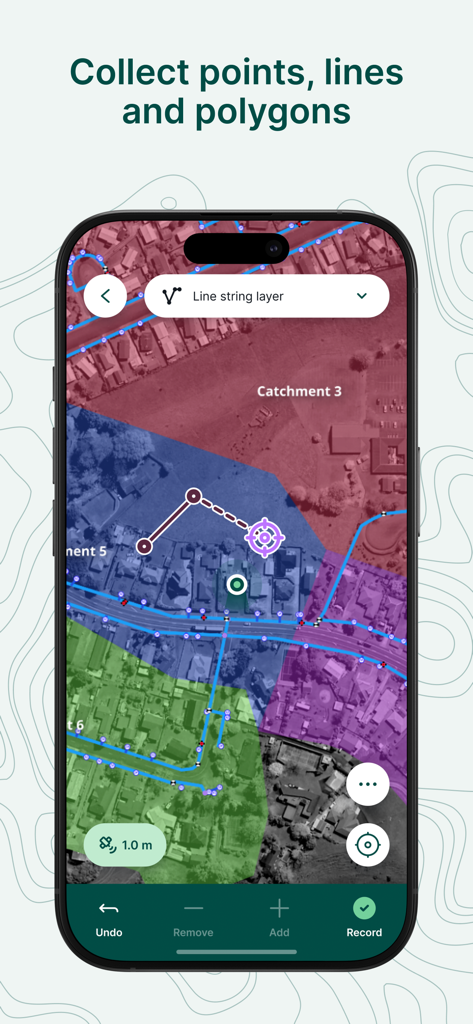 Mobile app screen showing a satellite map with colored geometric overlays for professional field surveying and data collection