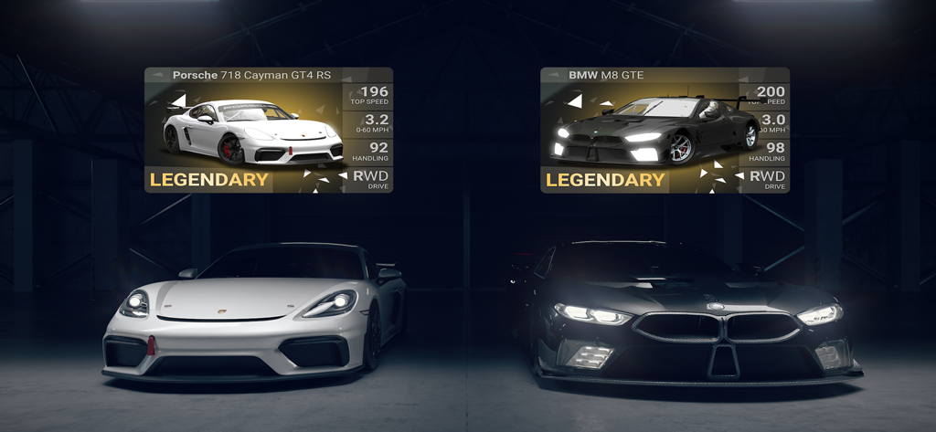 Top Drives - Car Race Battles - Two legendary car cards featuring a white Porsche and a black BMW with performance stats in the Top Drives game
