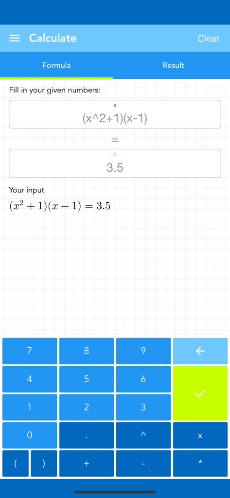 Simplify & Solve Equation - Interfaccia dell'app Semplifica e Risolvi Equazioni con un problema di algebra e una tastiera matematica personalizzata