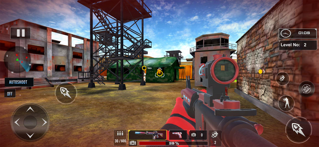 FPS Fire: Battle Royale Games - Jugabilidad de FPS Fire Battle Royale mostrando una vista en primera persona de una base militar con un rifle de asalto