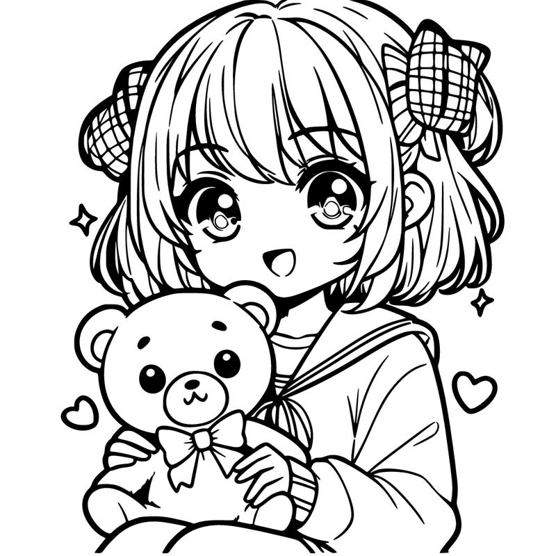 cute manga girl holding a teddy bear