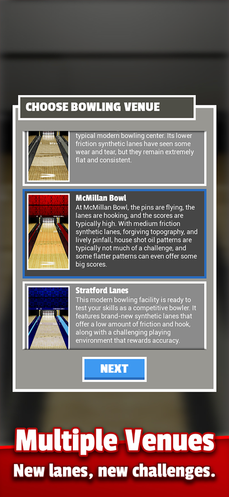 A screen in Bowling Unleashed showing different bowling venues with descriptions of lane conditions and oil patterns