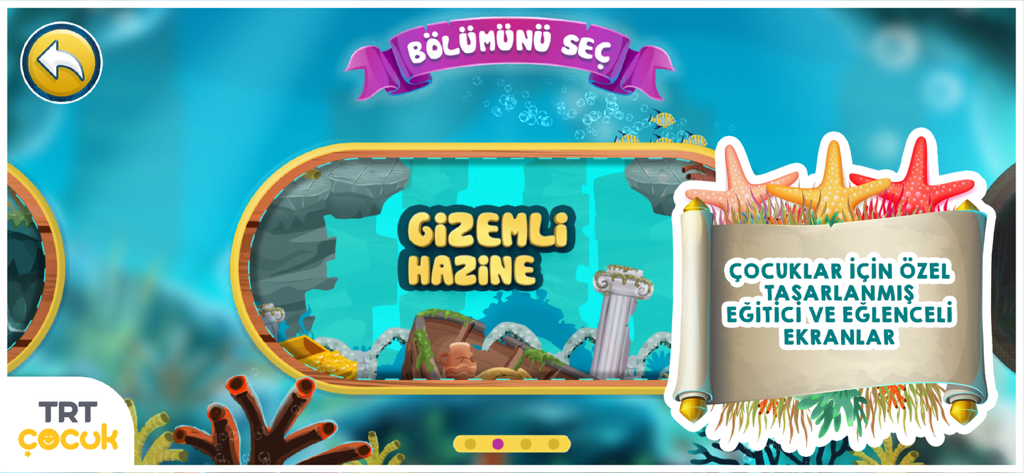 TRT Su Altı Kaşifi - An underwater themed mobile game menu showing a level selection screen with a treasure chest and starfish