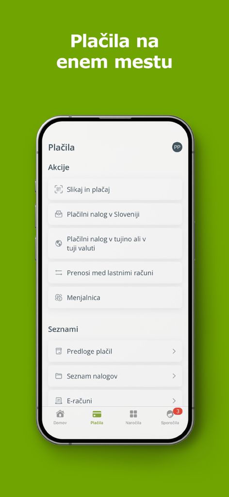 DH Mobilni - Il dashboard pagamenti dell'app di mobile banking DH Mobilni che mostra le opzioni per trasferimenti e fatture elettroniche.