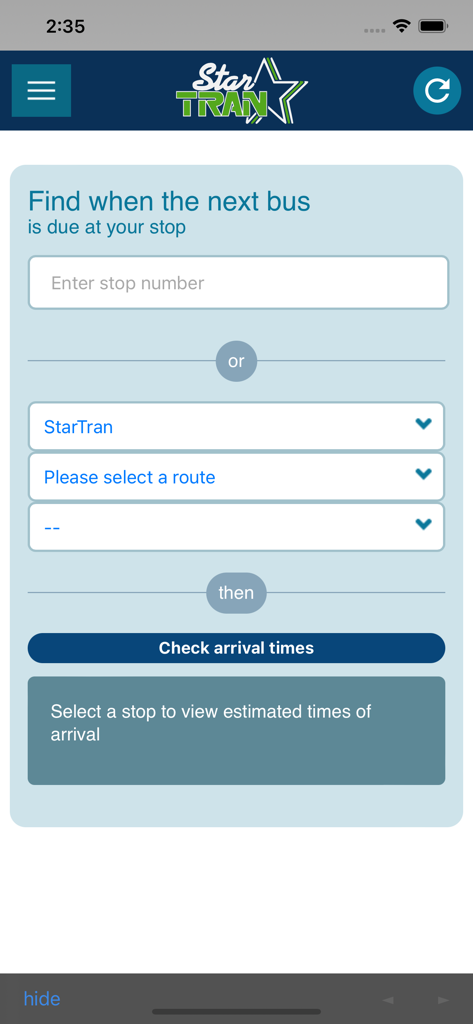 RideLNK - Search interface for StarTran bus arrival times in the RideLNK app for Lincoln Nebraska