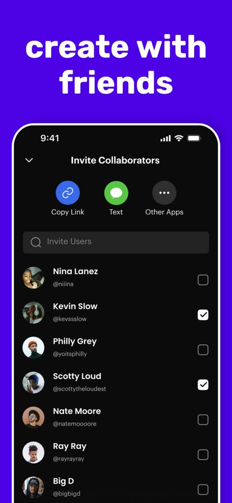 Rapchat - Music Maker & Beats - Interfaz de la aplicación Rapchat para invitar a colaboradores a un proyecto musical.