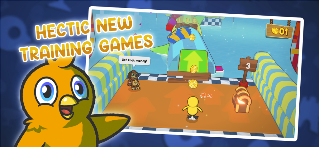 Duck Life 9: The Flock - A yellow duckling training in a colorful mini-game to collect gold coins in Duck Life 9.