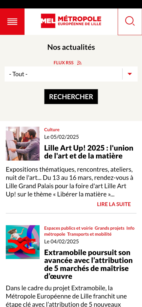 MEL et VOUS - Sección de noticias de la aplicación MEL et VOUS mostrando eventos culturales locales y actualizaciones de infraestructura de la ciudad en Lille.