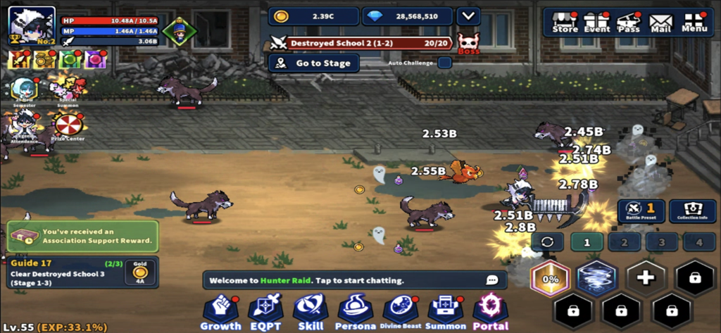 Hunter Raid: Idle RPG Games - Gameplay screenshot of Hunter Raid Idle RPG showing a character battling monsters in a destroyed school setting