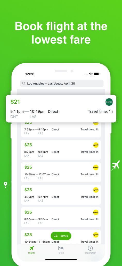 Mobile app screen showing cheap flight search results from Los Angeles to Las Vegas with prices starting at 21 dollars.