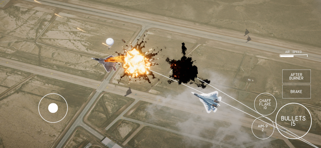 Vista aérea de cazas en combate aéreo con una gran explosión en el aire sobre un aeródromo militar