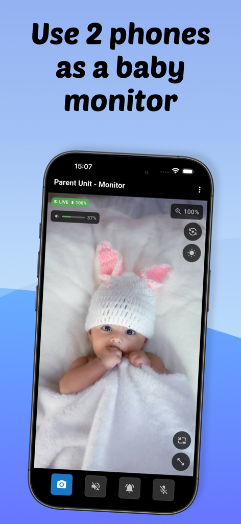 Baby Monitor Camera - NannyCam - Smartphone screen showing a live video feed of a baby in the NannyCam baby monitor app parent unit