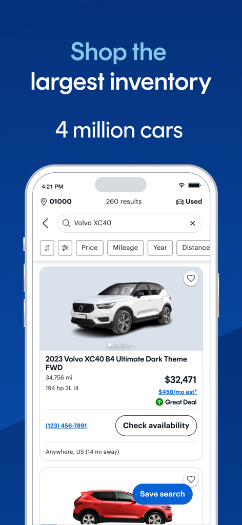 CarGurus: Used & New Cars - CarGurus app interface displaying search results for a used Volvo XC40 with a Great Deal rating