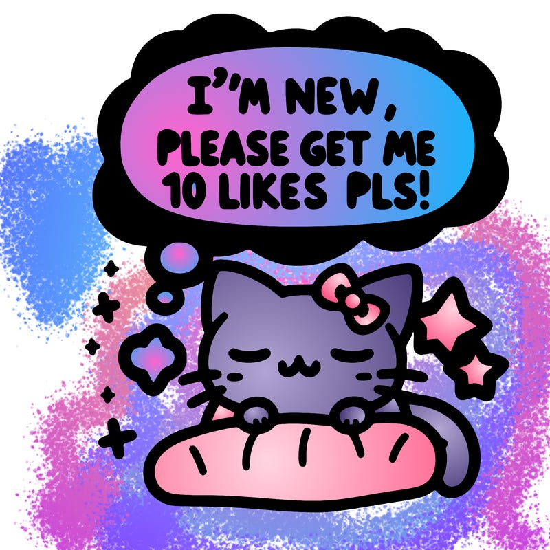 kitty taking a nap dream talking and saying "i'm new, please get me at least 10 likes pls!!"