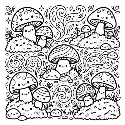 Step into a whimsical world with this delightful Kawaii Mushroom Forest coloring page, where adorable fungi and smiling moss invite you to unleash your creativity. This charming illustration is perfect for those who love cute nature scenes and the comforting feel of earthy tones.