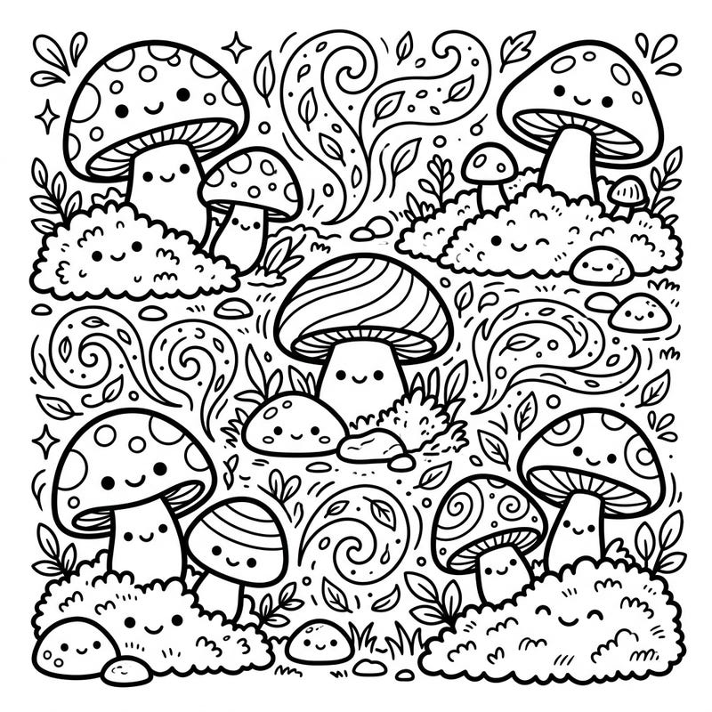 Step into a whimsical world with this delightful Kawaii Mushroom Forest coloring page, where adorable fungi and smiling moss invite you to unleash your creativity. This charming illustration is perfect for those who love cute nature scenes and the comforting feel of earthy tones.