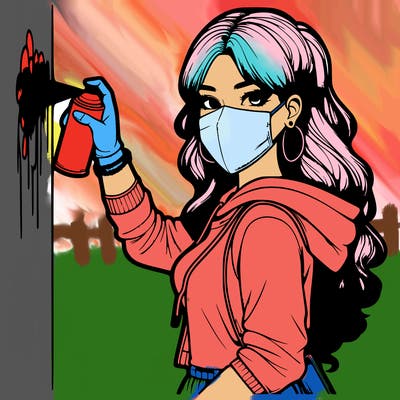 realistic girl with mask spray painting a wall