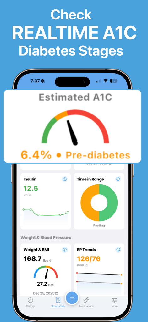 Blood Sugar Monitor Free of ad - Interfaz de la aplicación Sugar Monitor que muestra el nivel estimado de A1C y métricas de salud para el control de la diabetes