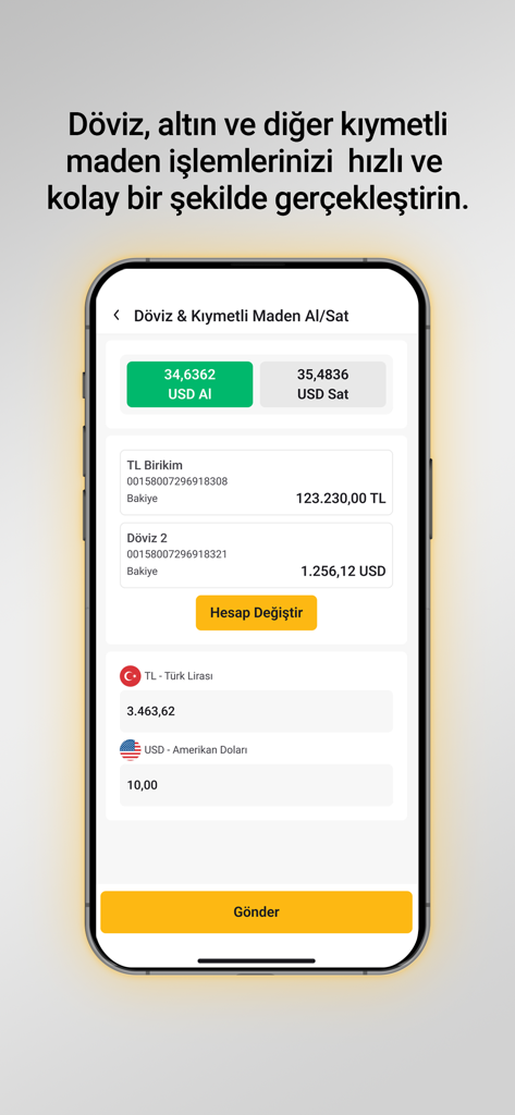 TradeOnline - TradeOnline app screen for currency and precious metal transactions including USD and TL options