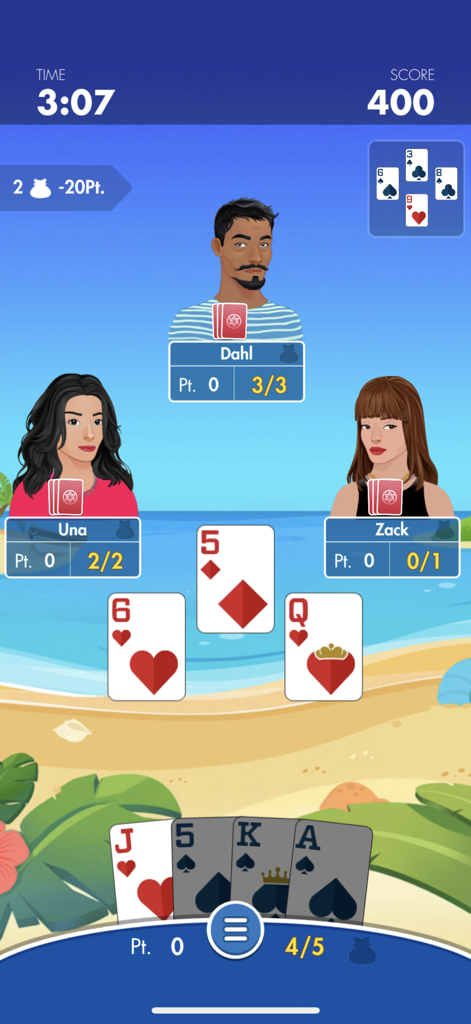 Spades Cash solo mode gameplay showing card match against avatars on a beach background
