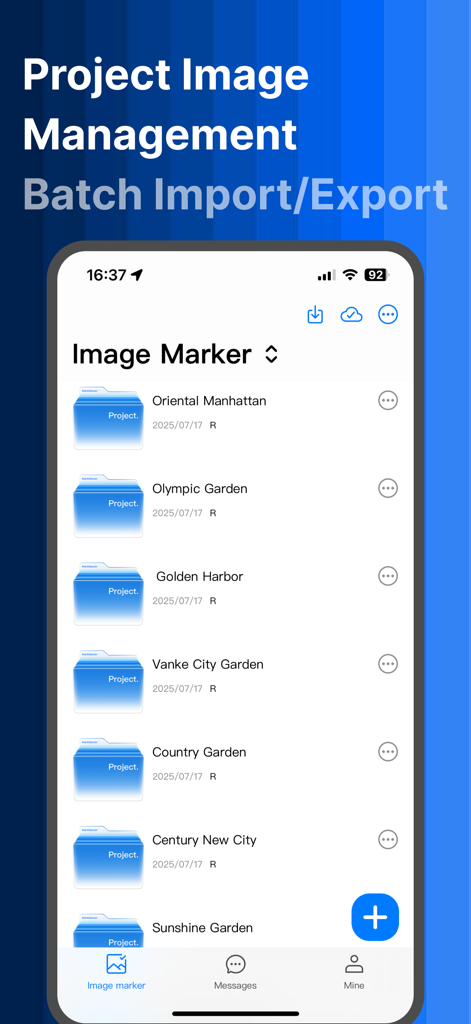 MarkMaster-image meter measure - Interface of MarkMaster app showing organized project folders and batch import export options