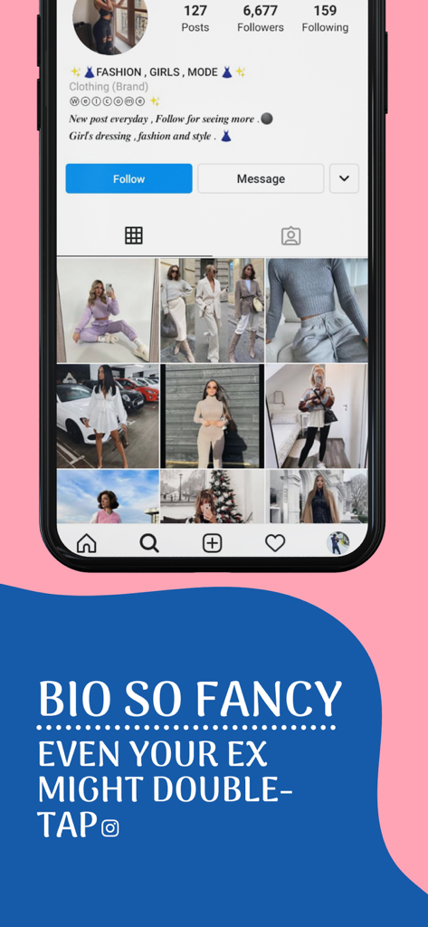 Fonts Keyboard + facemoji - Una página de perfil de Instagram que muestra una biografía estilizada con fuentes personalizadas únicas de la aplicación Fonts Keyboard