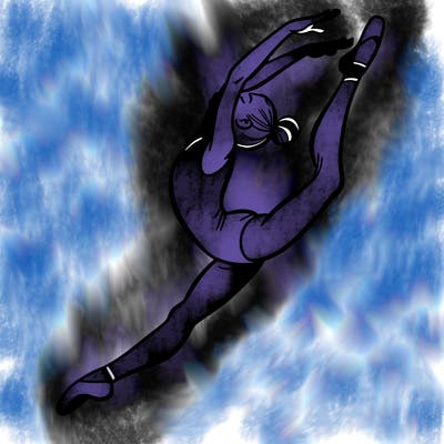 gymnast doing a leap in a leotard with a bent back leg