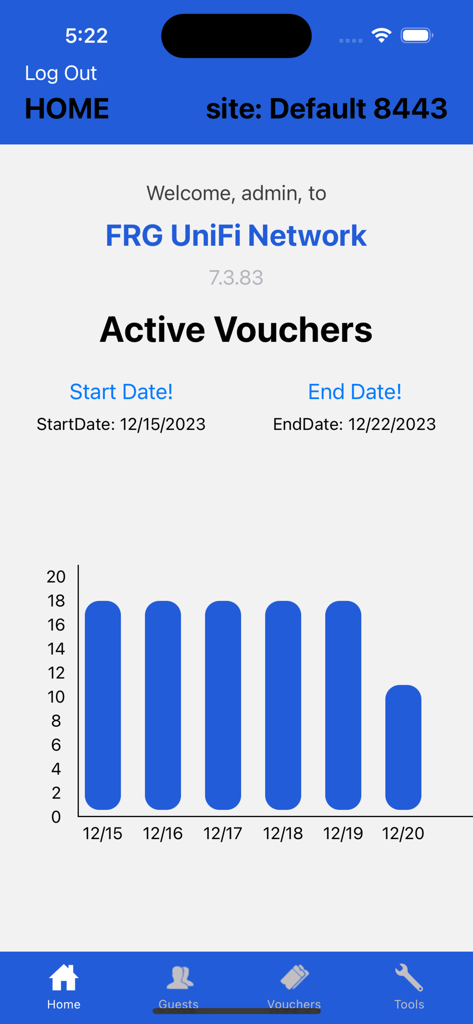 Hotspot Manager - Schermata principale dell'app Hotspot Manager che mostra un grafico a barre dei voucher Wi-Fi attivi per una rete UniFi.