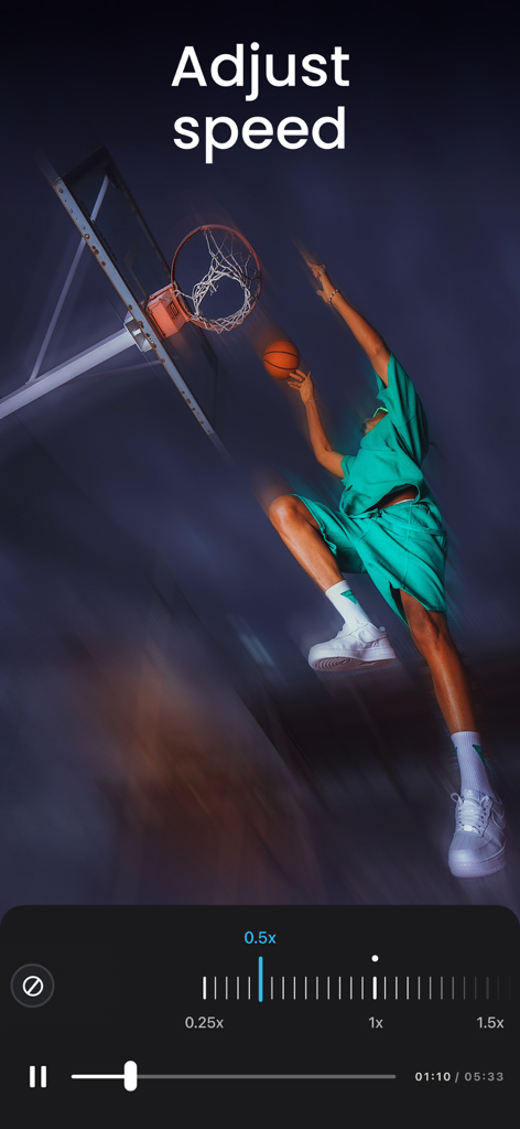 Video Maker & Editor: Dizzi AI - Una interfaz de aplicación móvil para ajustar la velocidad de reproducción de video con una vista previa de un jugador de baloncesto realizando una clavada