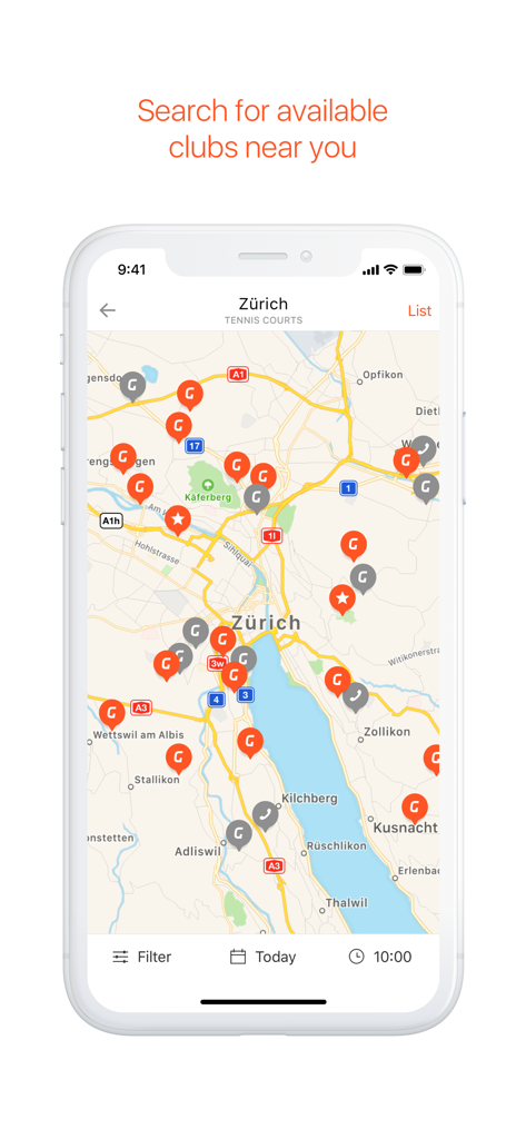 A mobile map view showing tennis club locations with pins in the GotCourts app