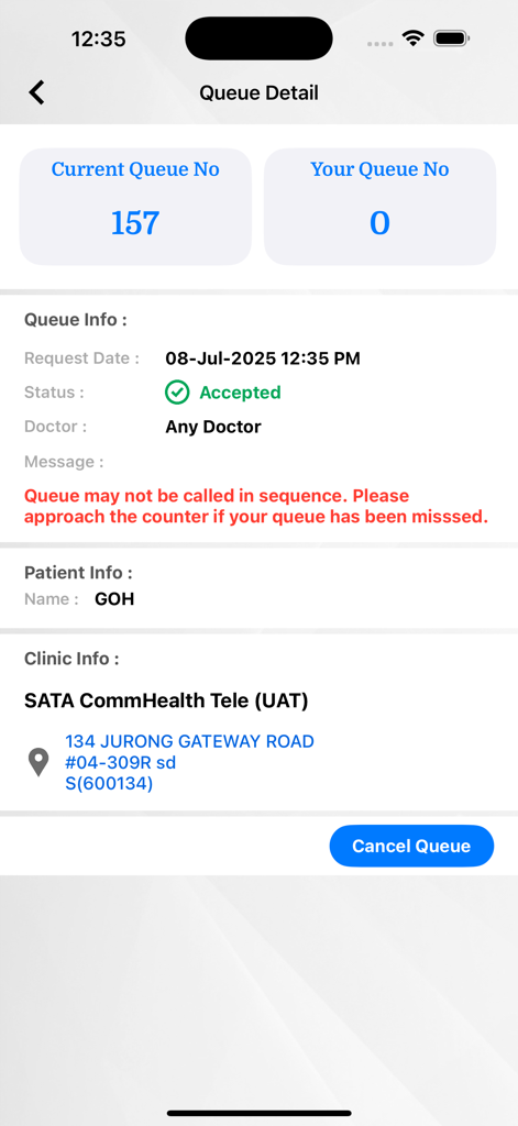 SATA Public - SATA Public app screen showing real-time clinic queue details and patient information