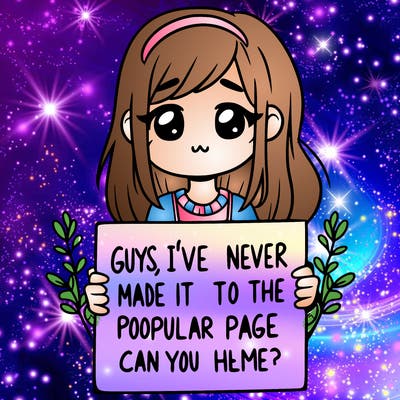 a girl holding up a sign that says, guys, i’ve never made it to the popular page, can you help me?