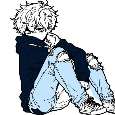 a male hoddie ripped jeans messy hair anime