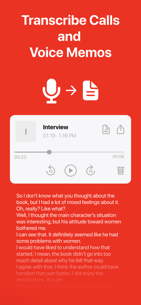 Interface mostrando a transcrição de uma gravação de entrevista em texto dentro do aplicativo Gravador de Chamadas