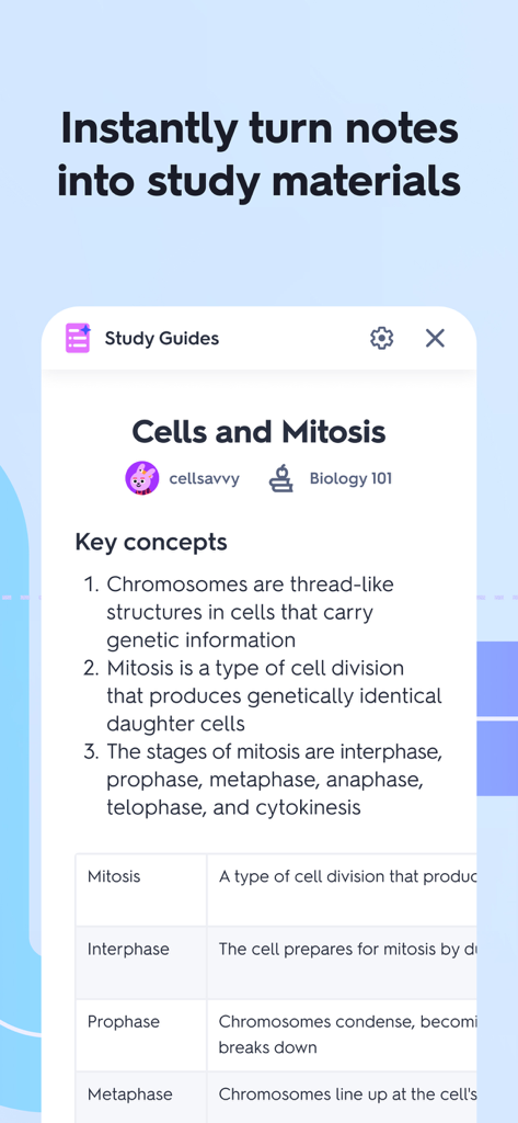 Interface de l'application Quizlet affichant un guide d'étude de biologie sur les cellules et la mitose, avec définitions et concepts clés.