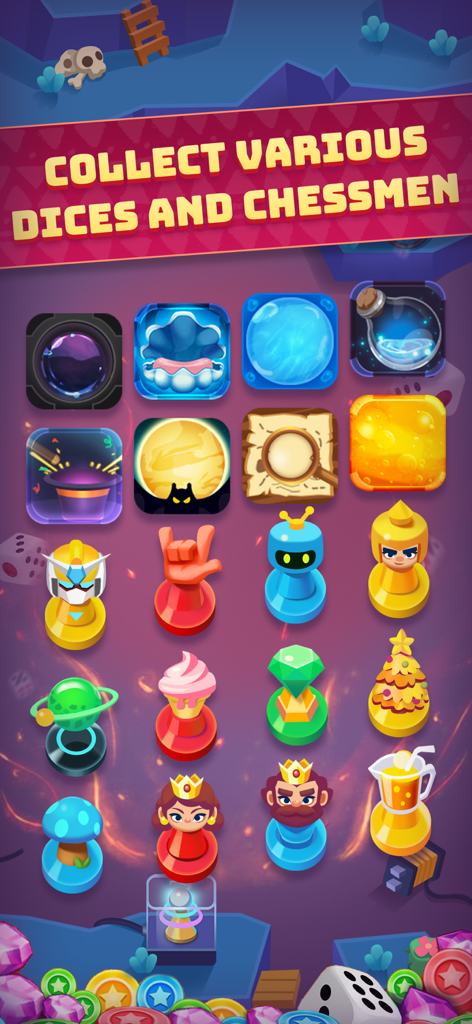 Ludo Land-Dice Board Game - Showcase of various colorful collectible dice and themed chessmen skins in Ludo Land