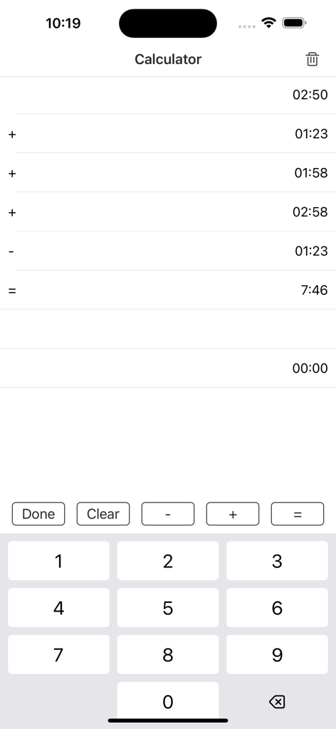 Interface do aplicativo Calculadora de Data e Hora mostrando uma série de durações de tempo sendo somadas e subtraídas.