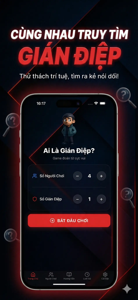Écran de configuration du jeu de déduction sociale sur mobile "Qui est l'espion" montrant les options de configuration du nombre de joueurs et d'espions.