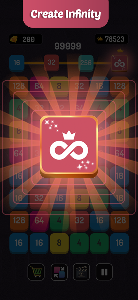 Number Blast - Puzzle Game - Captura de pantalla del juego Number Blast mostrando el hito de logro infinito en una cuadrícula de bloques numerados.
