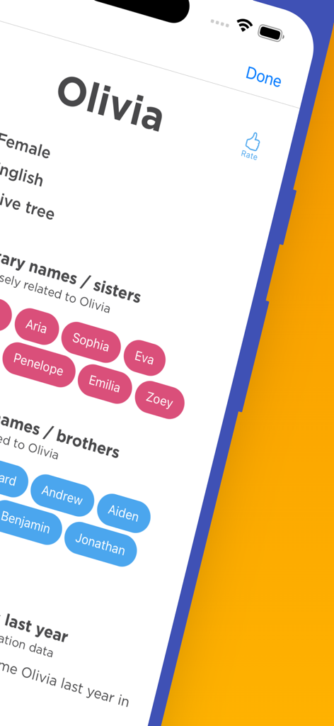 Captura de tela do aplicativo Baby Name Genius mostrando detalhes do nome Olivia, incluindo significado e sugestões de irmãos