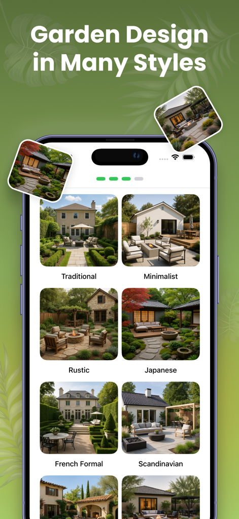 Uma seleção de estilos de design de jardim incluindo Tradicional, Minimalista e Japonês na interface do aplicativo Yard AI
